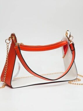 Clear Orange Trim Shoulder Bag with Gold Chain